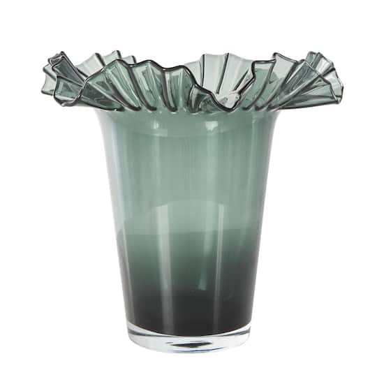Green Glass Floral Tulip Inspired Ombre Vase with Wavy Opening